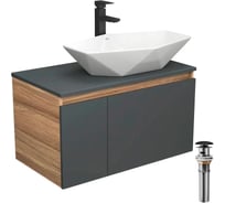 Комплект для ванной Bauedge 4 предмета (тумба Bau 80, графит + раковина на столешницу BAU Crystal 64х40 + смеситель Hotel Black, выпуск клик-клак, черный) BD2313