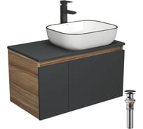 Комплект для ванной Bauedge 4 предмета (тумба Bau 80, графит + раковина BAU Stil Black Rand 50х40 + смеситель Hotel Black, выпуск клик-клак, черный) BD2233
