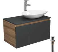 Комплект для ванной Bauedge 4 предмета (тумба Bau 80, графит + раковина BAU Triangle 59х39 + смеситель Hotel Still, выпуск клик-клак, белый) BD2172