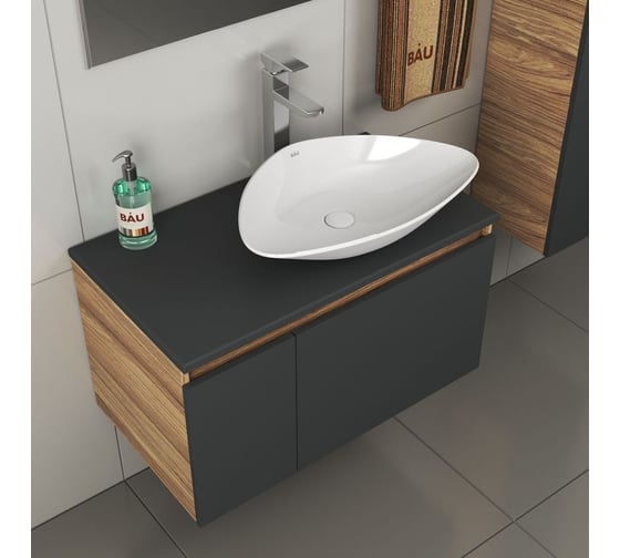 Комплект для ванной Bauedge 4 предмета (тумба Bau 80, графит + раковина BAU Triangle 59х39 + смеситель Hotel Still, выпуск клик-клак, белый) BD2172