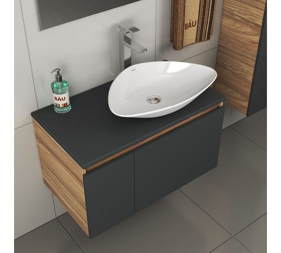 Комплект для ванной Bauedge 4 предмета (тумба Bau 80, графит + раковина BAU Triangle 59х39 + смеситель Hotel Still, выпуск клик-клак, хром) BD2171