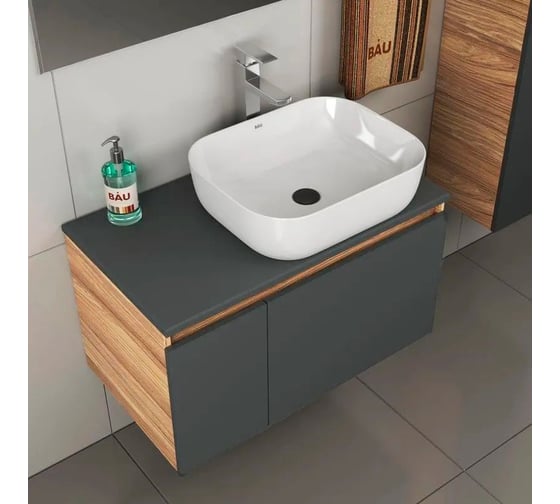 Комплект для ванной Bauedge 4 предмета (тумба Bau 80, графит + раковина BAU Stil Pro Pro 50х40 + смеситель Hotel Still, выпуск клик-клак, черный) BD2449