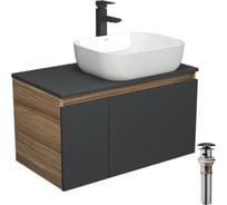 Комплект для ванной Bauedge 4 предмета (тумба Bau 80, графит + раковина BAU Stil Pro Pro 50х40 + смеситель Hotel Black, выпуск клик-клак, черный) BD2453