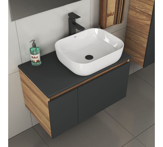 Комплект для ванной Bauedge 4 предмета (тумба Bau 80, графит + раковина BAU Stil Pro Pro 50х40 + смеситель Hotel Black, выпуск клик-клак, черный) BD2453