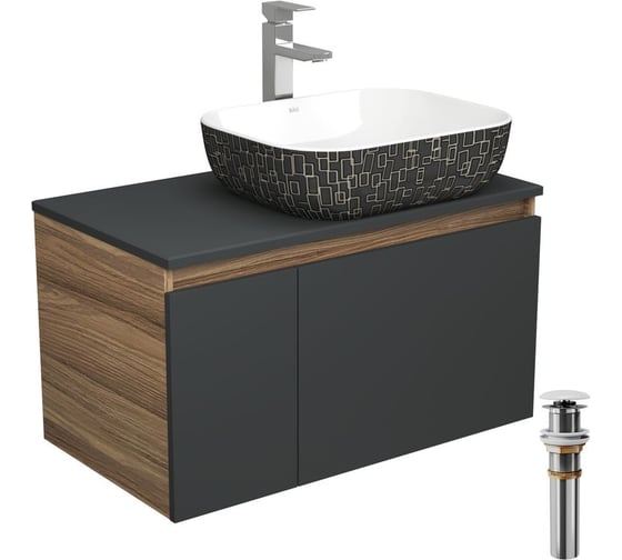 Комплект для ванной Bauedge 4 предмета (тумба Bau 80, графит + раковина BAU Stil Black White 50х40 + смеситель Hotel Still, выпуск клик-клак, белый) BD2242