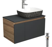 Комплект для ванной Bauedge 4 предмета (тумба Bau 80, графит + раковина BAU Stil Black White 50х40 + смеситель Hotel Still, выпуск клик-клак, хром) BD2241
