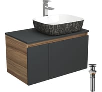 Комплект для ванной Bauedge 4 предмета (тумба Bau 80, графит + раковина BAU Stil Black White 50х40 + смеситель Hotel Still, выпуск клик-клак, черный) BD2240
