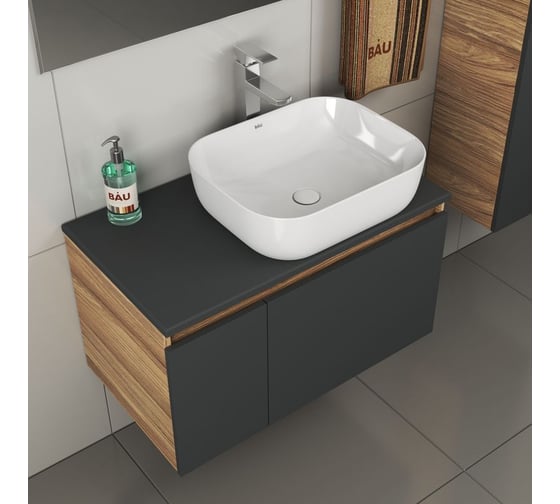 Комплект для ванной Bauedge 4 предмета (тумба Bau 80, графит + раковина BAU Stil 50х40 + смеситель Hotel Still, выпуск клик-клак, белый) BD2202