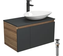 Комплект для ванной Bauedge 4 предмета (тумба Bau 80, графит + раковина BAU Triangle 59х39 + смеситель Hotel Black, выпуск клик-клак, черный) BD2173