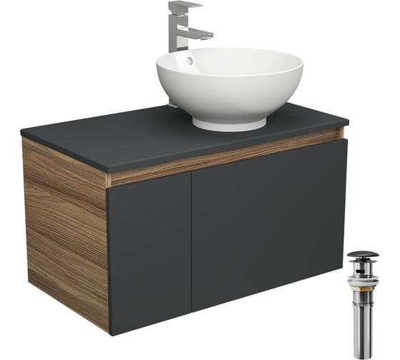 Комплект для ванной Bauedge 4 предмета (тумба Bau 80, графит + раковина чаша BAU Dream D41 + смеситель Hotel Still, выпуск клик-клак, белый) BD2212 1
