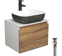 Комплект для ванной Bauedge 4 предмета (тумба Bau Dream 60 + раковина BAU 50х40, белая/черная + смеситель Hotel Black, выпуск клик-клак, черный) BD1668