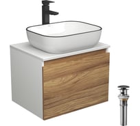 Комплект для ванной Bauedge 4 предмета (тумба Bau Dream 60 + раковина BAU 50х40, белая + смеситель Hotel Black, выпуск клик-клак, черный) BD1658