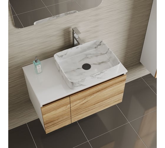 Комплект Bauedge тумба Bau Dream Blackwood 80, 1 ящик, дверца, раковина прямоугольная BAU Hotel 48х37, мрамор, смеситель Hotel Stil, нерж. сталь, выпуск клик BD3027