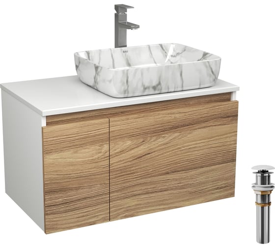 Комплект Bauedge тумба Bau Dream Blackwood 80, 1 ящик, дверца, раковина прямоугольная BAU Hotel 48х37, мрамор, смеситель Hotel Stil, нерж. сталь, выпуск клик BD3029 1