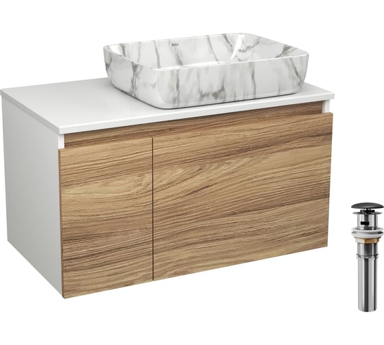 Комплект Bauedge тумба Bau Dream Blackwood 80, 1 ящик, дверца, раковина прямоугольная BAU Hotel 48х37, мрамор, выпуск клик клак, черный BD3025
