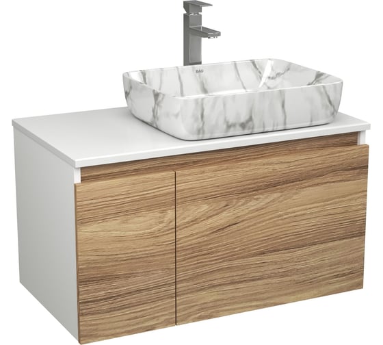 Комплект Bauedge тумба Bau Dream Blackwood 80, 1 ящик, дверца, раковина прямоугольная BAU Hotel 48х37, мрамор, смеситель Hotel Stil, нерж. сталь BD3022 1