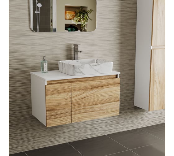 Комплект Bauedge тумба Bau Dream Blackwood 80, 1 ящик, дверца, раковина прямоугольная BAU Hotel 48х37, мрамор, смеситель Hotel Stil, нерж. сталь BD3022