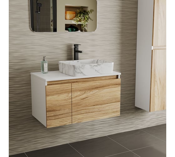 Комплект Bauedge тумба Bau Dream Blackwood 80, 1 ящик, дверца, раковина прямоугольная BAU Hotel 48х37, мрамор, смеситель Hotel Stil, черный матовый BD3023