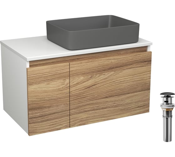 Комплект Bauedge тумба Bau Dream Blackwood 80, 1 ящик, дверца, раковина прямоугольная BAU Hotel 48х37, темно-серая матовая, выпуск клик клак, черный BD3045 1
