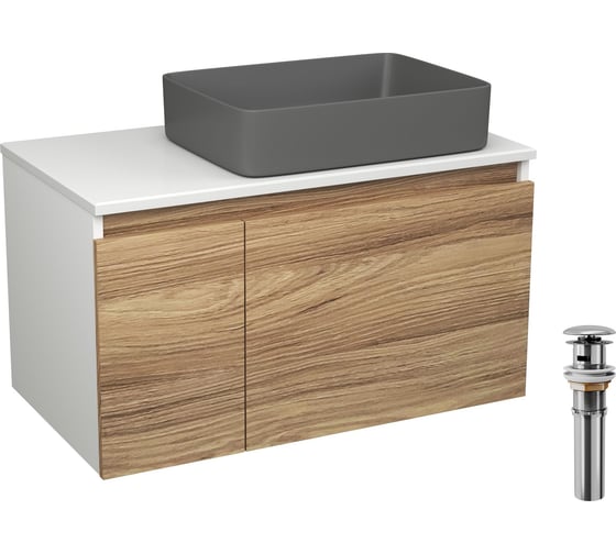 Комплект Bauedge тумба Bau Dream Blackwood 80, 1 ящик, дверца, раковина прямоугольная BAU Hotel 48х37, темно-серая матовая, выпуск клик клак, хром BD3046