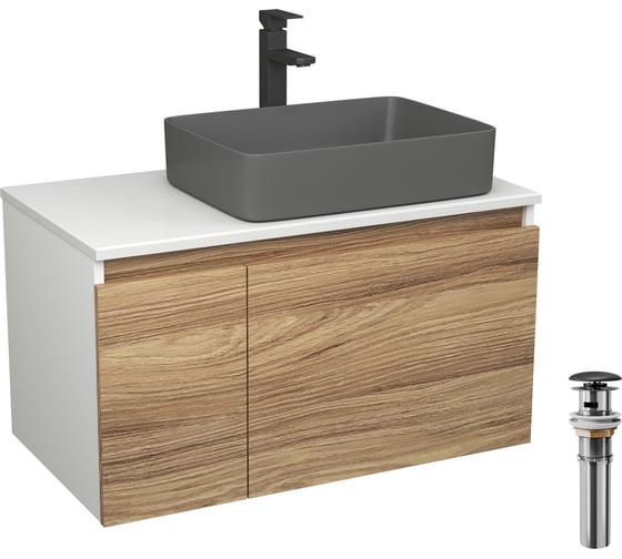Комплект Bauedge тумба Bau Dream Blackwood 80, 1 ящик, дверца, раковина прямоугольная BAU Hotel 48х37, темно-серая матовая, смеситель Hotel Stil черный, выпу BD3050