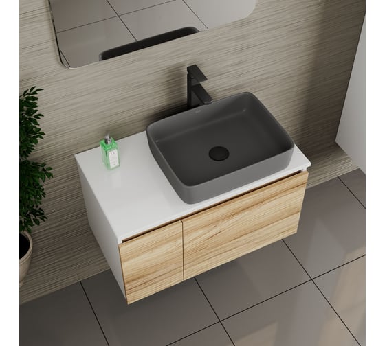 Комплект Bauedge тумба Bau Dream Blackwood 80, 1 ящик, дверца, раковина прямоугольная BAU Hotel 48х37, темно-серая матовая, смеситель Hotel Stil черный, выпу BD3050