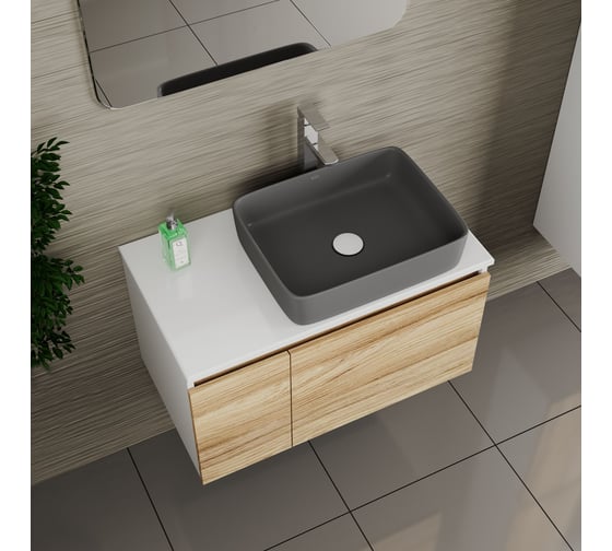 Комплект Bauedge тумба Bau Dream Blackwood 80, 1 ящик, дверца, раковина прямоугольная BAU Hotel 48х37, темно-серая матовая, смеситель Hotel Stil, нерж. сталь BD3049