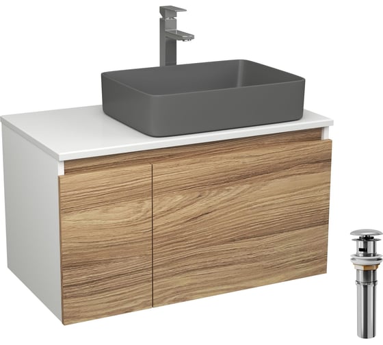 Комплект Bauedge тумба Bau Dream Blackwood 80, 1 ящик, дверца, раковина прямоугольная BAU Hotel 48х37, темно-серая матовая, смеситель Hotel Stil, нерж. сталь BD3048 1