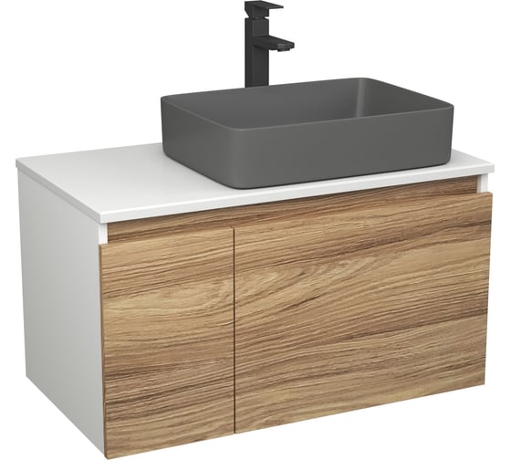 Комплект Bauedge тумба Bau Dream Blackwood 80, 1 ящик, дверца, раковина прямоугольная BAU Hotel 48х37, темно-серая матовая, смеситель Hotel Stil, черный BD3043 1