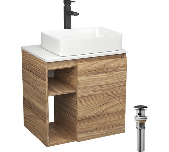 Тумба Bauedge Bau Dream Blackwood 60 правая, раковина BAU Hotel 48х37, смеситель для раковины высокий Hotel Black, черный, выпуск клик клак, черный SD3224 1