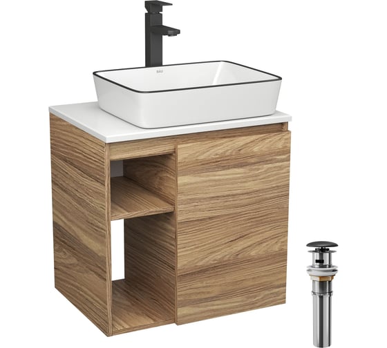 Тумба Bauedge Bau Dream Blackwood 60 правая, раковина BAU Hotel Black Rand 48х37, смеситель для раковины высокий Hotel Black, черный, выпуск клик клак, черный SD3251