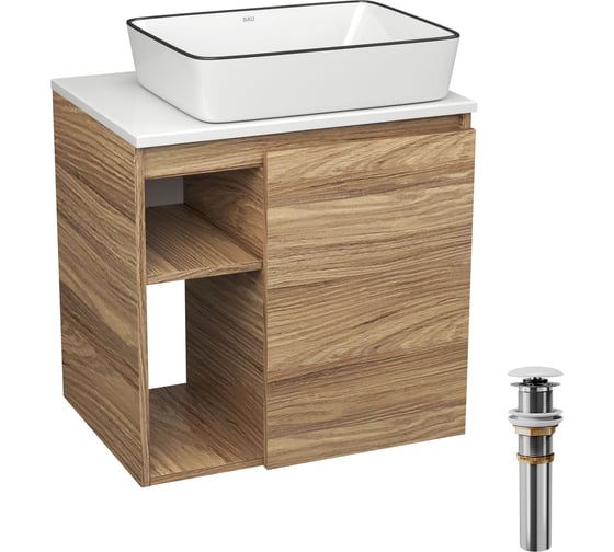 Тумба Bauedge Bau Dream Blackwood 60 правая, раковина BAU Hotel Black Rand 48х37, выпуск клик клак, белый SD3245