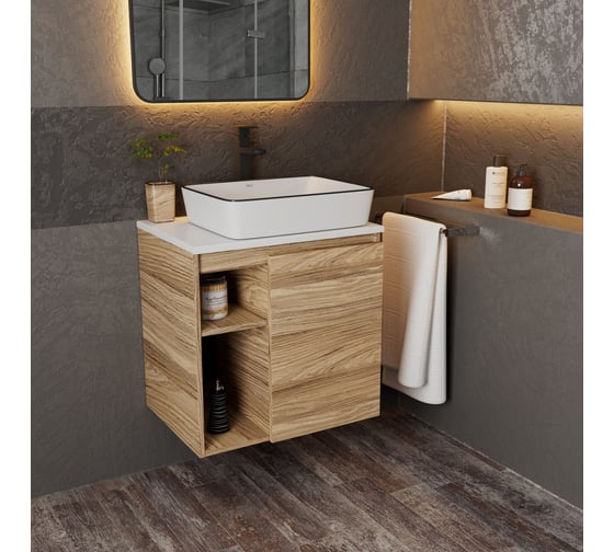 Тумба Bauedge Bau Dream Blackwood 60 правая, раковина BAU Hotel Black Rand 48х37, смеситель для раковины высокий Hotel Black, черный SD3247