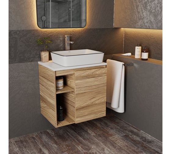 Тумба Bauedge Bau Dream Blackwood 60 правая, раковина BAU Hotel Black Rand 48х37, смеситель для раковины высокий Hotel Still, нержавеющая сталь SD3248