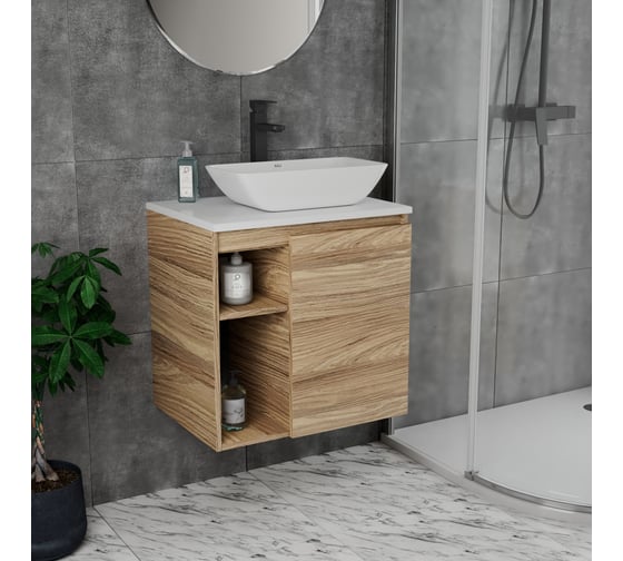 Тумба Bauedge Bau Dream Blackwood 60 правая, раковина BAU Spectrum mini 47х24 смеситель для раковины высокий Hotel Black, черный SD3211