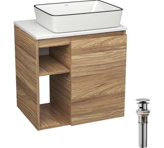 Тумба Bauedge Bau Dream Blackwood 60 правая, раковина BAU Hotel Black Rand 48х37, выпуск клик клак, хром SD3244 1