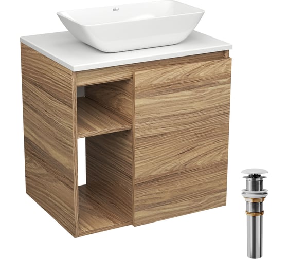 Тумба Bauedge Bau Dream Blackwood 60 правая, раковина BAU Spectrum mini 47х24 выпуск клик клак, белый SD3209