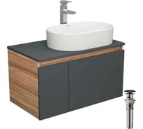 Тумба Bauedge Bau Dream Blackwood 80 графит, 1 ящик, дверца, раковина овальная BAU Nimb 55х35, смеситель Hotel Stil, нерж. сталь, выпуск клик клак, черный BD2931