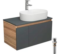 Тумба Bauedge Bau Dream Blackwood 80 графит, 1 ящик, дверца, раковина овальная BAU Nimb 55х35, смеситель Hotel Stil, нерж. сталь, выпуск клик клак, белый BD2933