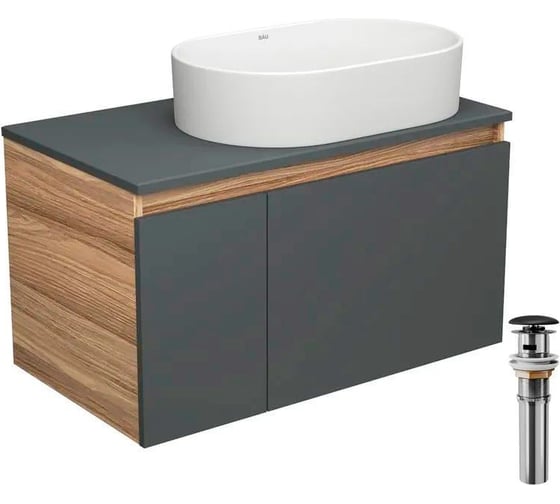 Тумба Bauedge Bau Dream Blackwood 80 графит, 1 ящик, дверца, раковина овальная BAU Nimb 55х35, выпуск клик клак, черный BD2929