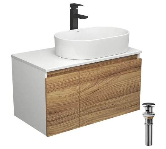 Тумба Bauedge Bau Dream Blackwood 80, 1 ящик, дверца, раковина овальная BAU Nimb 55х35, смеситель Hotel Stil черный, выпуск клик клак, черный BD2924