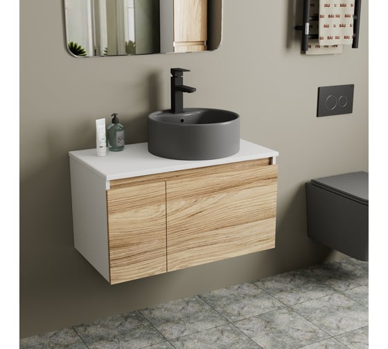 Комплект Bauedge тумба Bau Dream Blackwood 80, раковина круглая BAU Element D41, темно-серая, смеситель Hotel Black, черный матовый BD2824