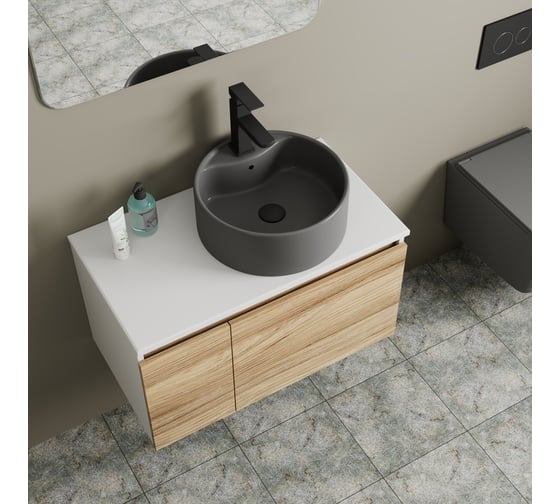 Комплект Bauedge тумба Bau Dream Blackwood 80, раковина круглая BAU Element D41, темно-серая, смеситель Hotel Black, черный матовый, выпуск клик клак черный BD2832