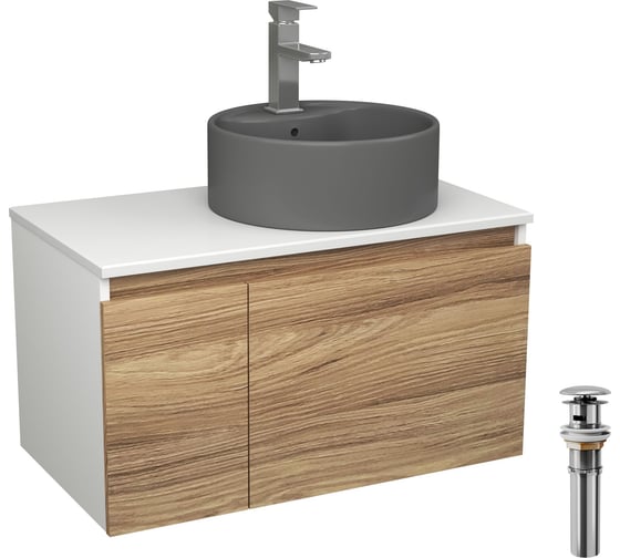 Комплект Bauedge тумба Bau Dream Blackwood 80, раковина круглая BAU Element D41, темно-серая, смеситель Hotel Stil, нерж. сталь, выпуск клик клак хром BD2830
