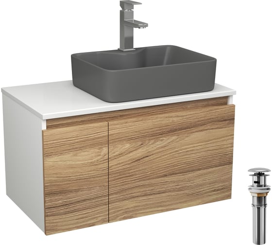 Комплект Bauedge тумба Bau Dream Blackwood 80, раковина BAU Cerama 48х37, темно-серая, смеситель Hotel Stil, нерж. сталь, выпуск клик клак хром BD2844 1
