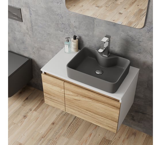 Комплект Bauedge тумба Bau Dream Blackwood 80, раковина BAU Cerama 48х37, темно-серая, смеситель Hotel Stil, нерж. сталь, выпуск клик клак хром BD2844