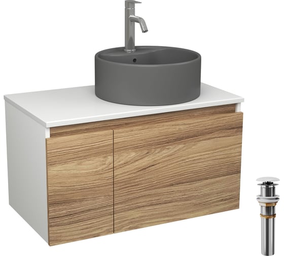 Комплект Bauedge тумба Bau Dream Blackwood 80, раковина круглая BAU Element D41, темно-серая, смеситель Hotel Dream, нерж. сталь, выпуск клик клак белый BD2834