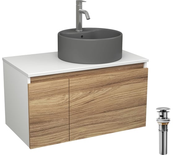 Комплект Bauedge тумба Bau Dream Blackwood 80, раковина круглая BAU Element D41, темно-серая, смеситель Hotel Dream, нерж. сталь, выпуск клик клак хром BD2833