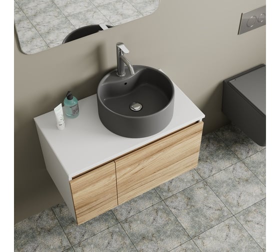 Комплект Bauedge тумба Bau Dream Blackwood 80, раковина круглая BAU Element D41, темно-серая, смеситель Hotel Dream, нерж. сталь, выпуск клик клак хром BD2833