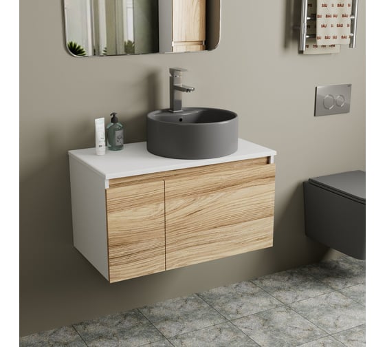 Комплект Bauedge тумба Bau Dream Blackwood 80, раковина круглая BAU Element D41, темно-серая, смеситель Hotel Stil, нерж. сталь BD2823